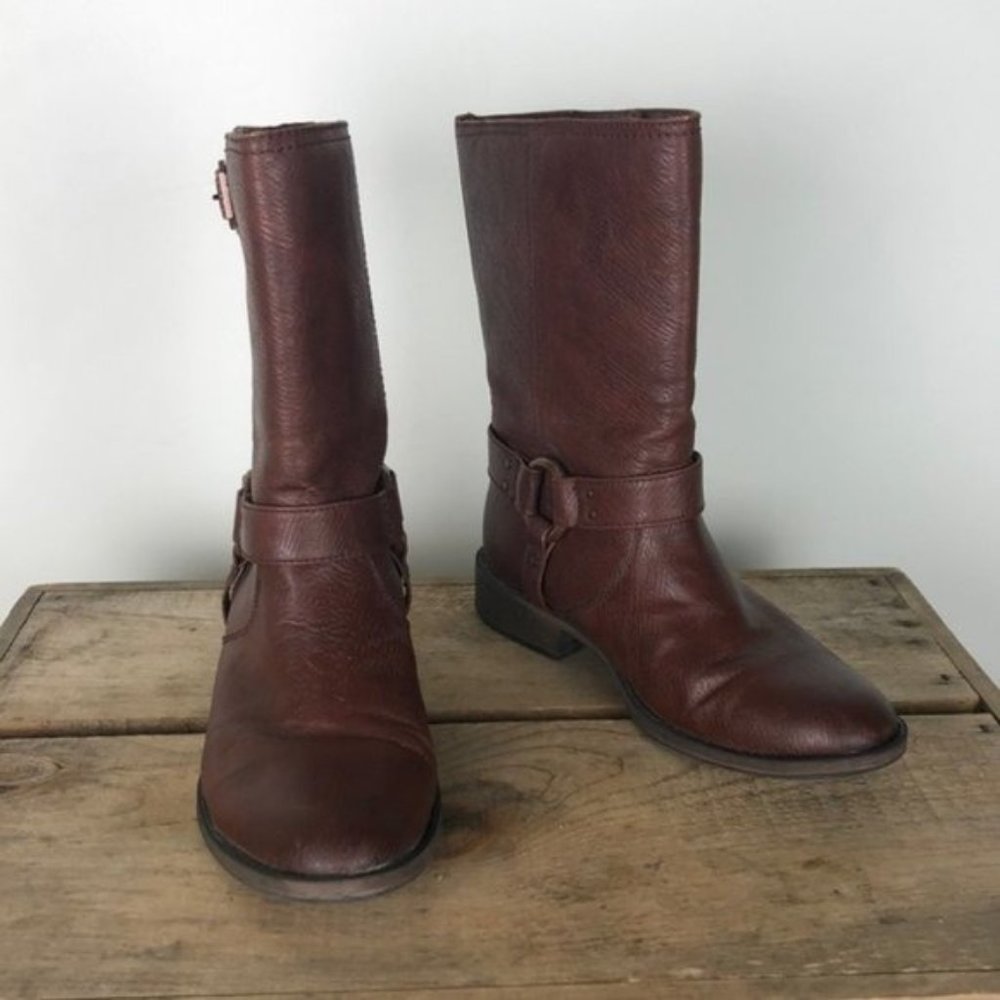 DR SCHOLLS brown vegan leather motorcycle moto buckle boots us women's size 7.5